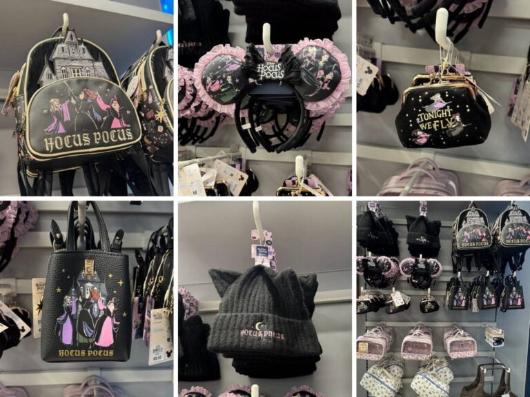 Primark Hocus Pocus Halloween collection display featuring Minnie ears, cat beanies, clasp purses, and backpacks