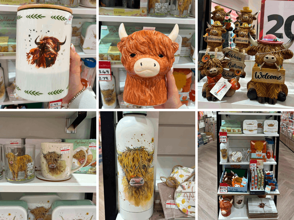 Clintons shop display of Highland Cow mugs, travel bottles, and garden statues