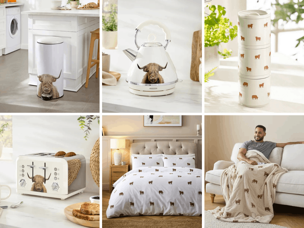 Dunelm Highland Cow collection showing electric throw, kettle, toaster, pedal bin, and bedding